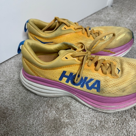 Hoka Bondi 8 Yellow Impala Cyclamen Athletic Walking Running Shoes Size 7.5 - Picture 3 of 8